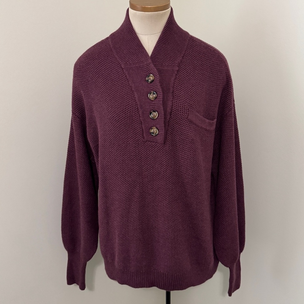 Lunya XS / Small Cottonsilk Pocket Henley Plum Purple Sweater Relaxed Fit
